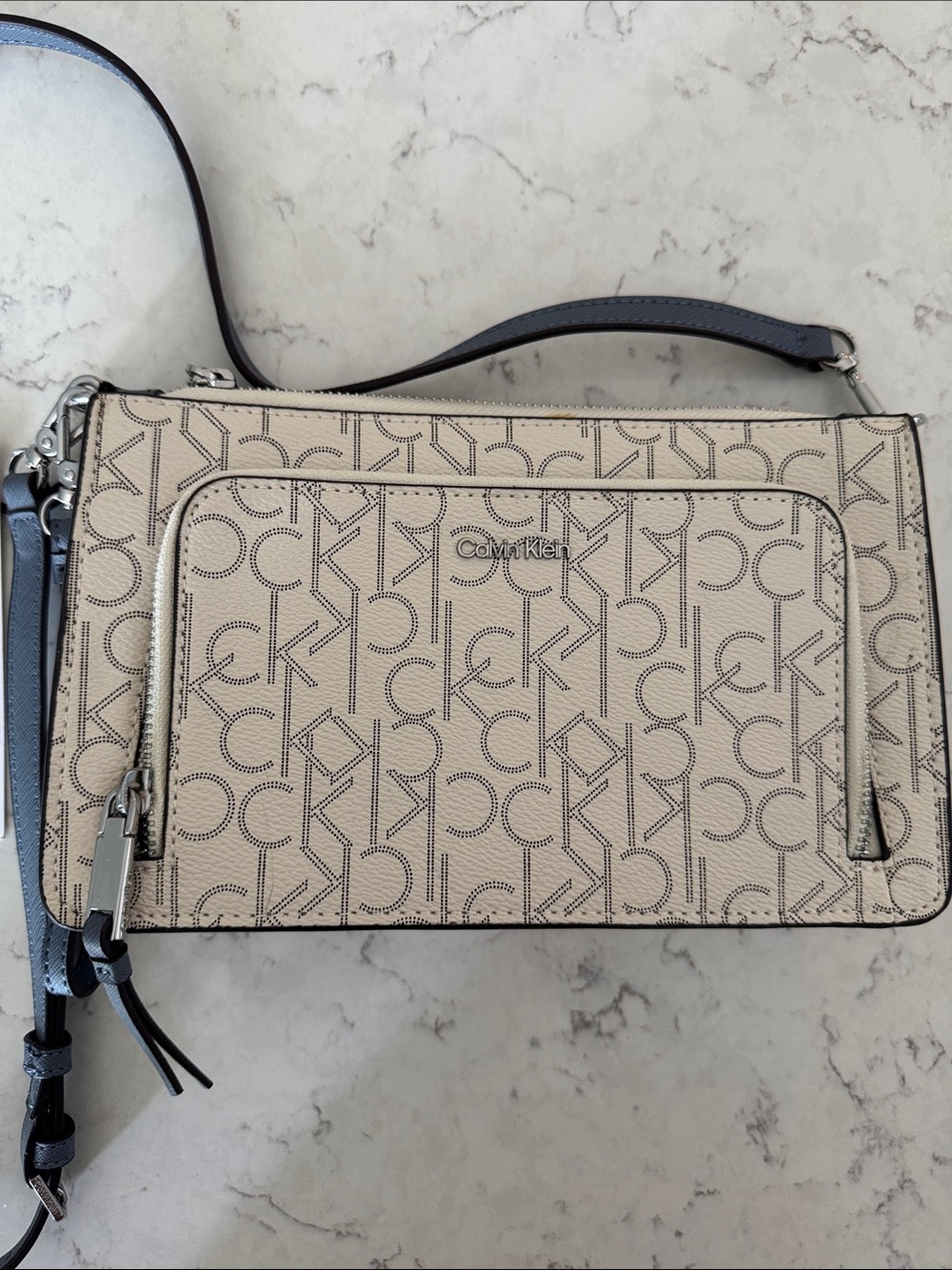 Calvin Klein Beige Monogram Crossbody Satchel with Black Trim